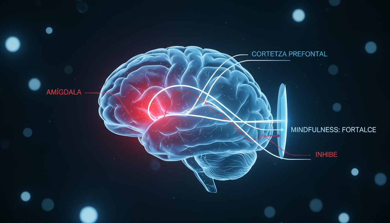 Infografía técnica estilizada del cerebro humano. Una sección transversal muestra la amígdala brillando en rojo intenso y la corteza prefrontal en azul frío. Líneas de conexión neural muestran cómo el mindfulness fortalece las vías hacia la zona azul, inhibiendo la señal roja. Estilo visual limpio, médico y futurista.