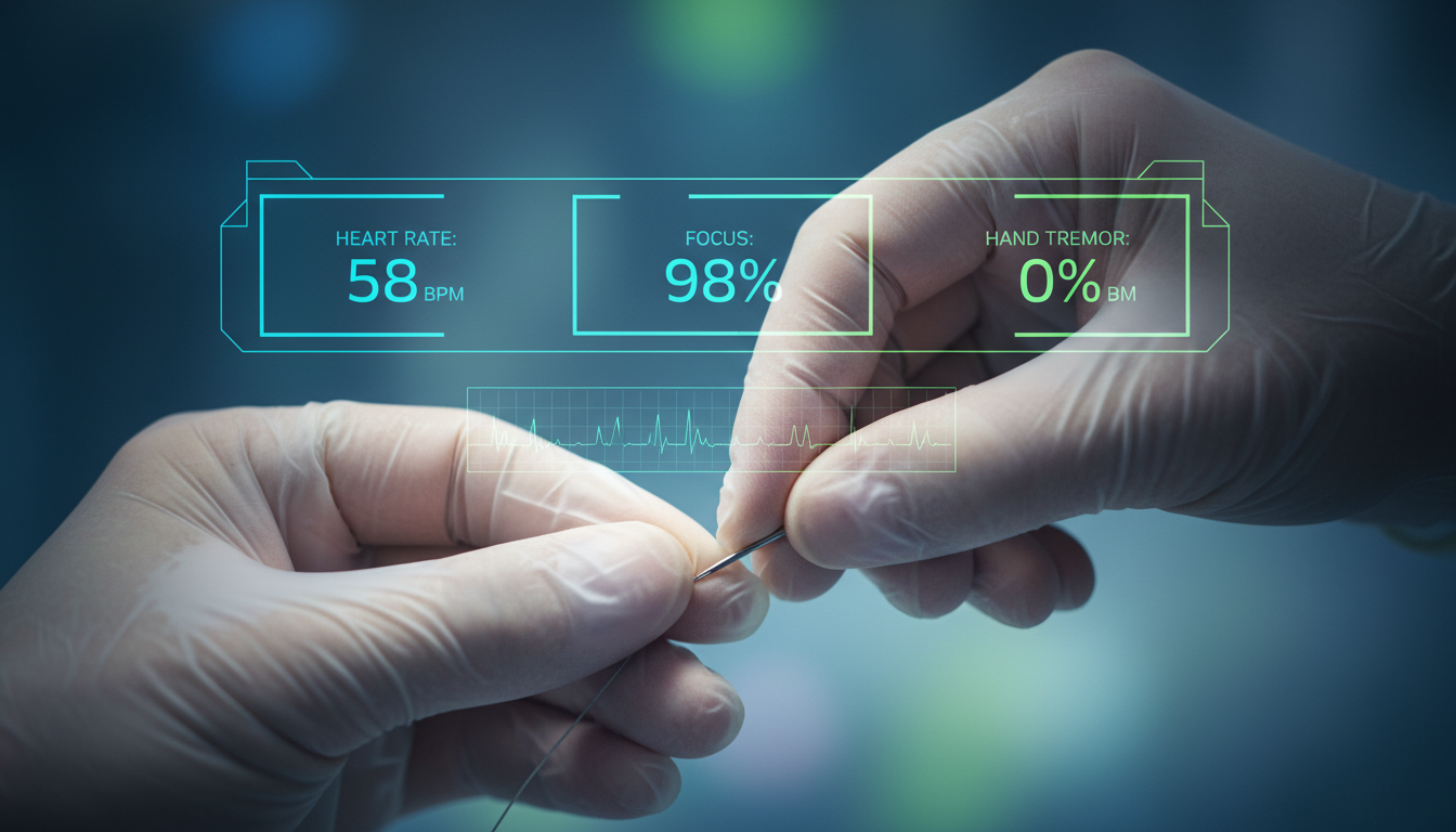 Ilustración de manos enguantadas con látex realizando una sutura delicada. Superpuesta a la imagen, una interfaz de realidad aumentada (HUD) muestra métricas biométricas: 