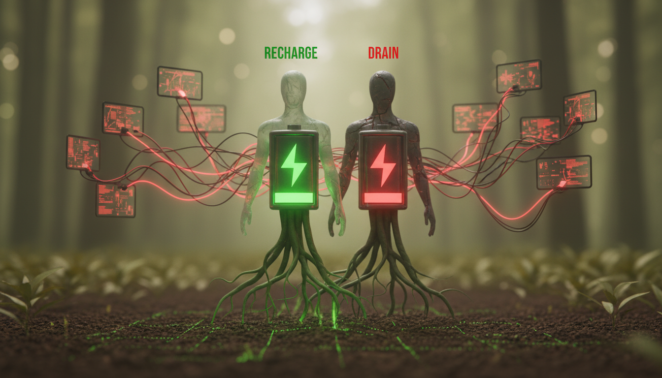 Diagrama conceptual minimalista que muestra una batería humana recargándose mediante raíces verdes conectadas al suelo, frente a una batería drenada por cables digitales rojos
