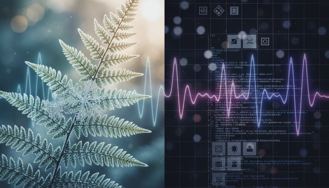 Comparación visual dividida: a la izquierda, la estructura fractal compleja de un helecho o un copo de nieve; a la derecha, la estructura rígida y pixelada de una interfaz de usuario, con superposición de ondas cerebrales que pasan de caóticas a armónicas en el lado natural