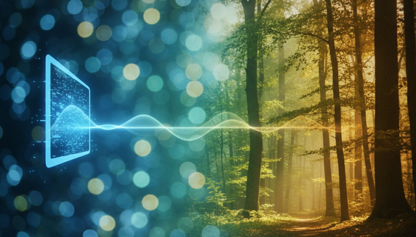 Gráfico espectral artístico que muestra la transición suave de la luz azul fría de un monitor transformándose en tonos verdes y dorados cálidos de un bosque, simbolizando la regulación del ritmo circadiano