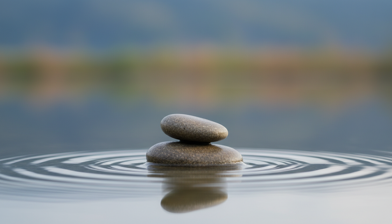 Una fotografía macro de dos piedras de río en equilibrio zen sobre una superficie de agua tranquila, con ondas concéntricas suaves expandiéndose, representando el impacto de la calma parental.