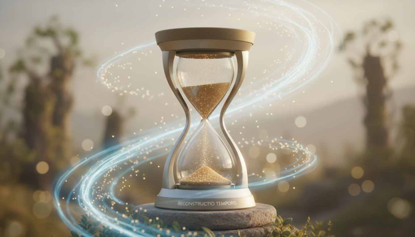Una ilustración conceptual de un reloj de arena moderno, donde la arena fluye hacia arriba, simbolizando la reconstrucción del tiempo y la energía.