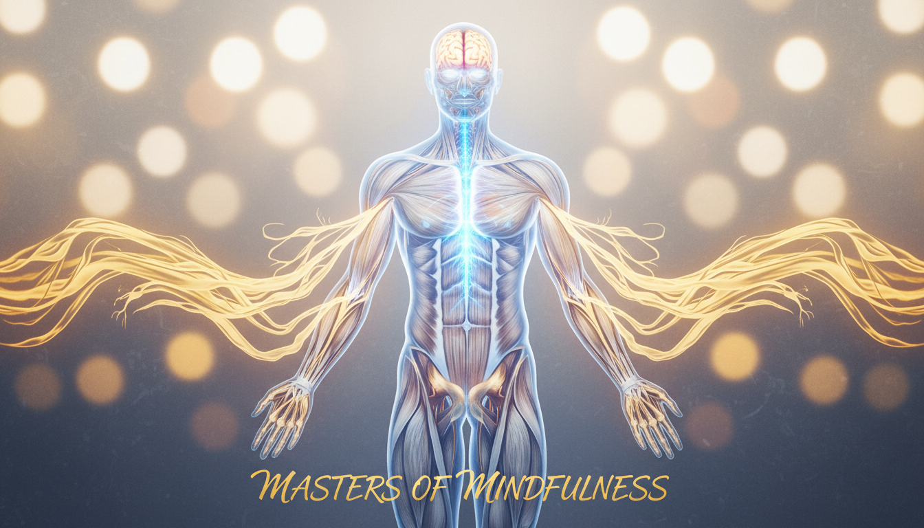 Un gráfico anatómico estilizado y artístico que destaca el músculo psoas y el sistema nervioso central en un cuerpo humano transparente, con líneas de energía dorada que representan la descarga de tensión desde el centro hacia las extremidades.