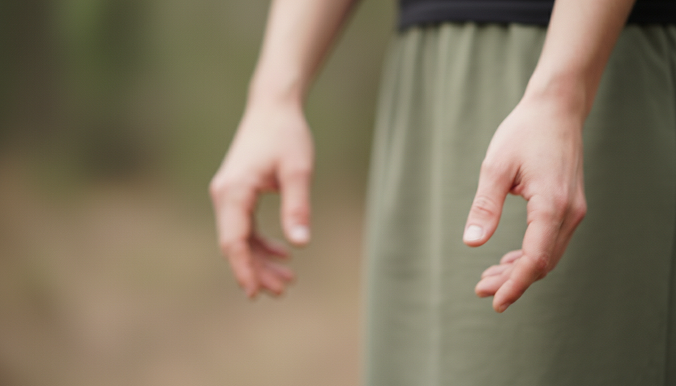 Primer plano artístico de unas manos relajadas colgando a los costados del cuerpo, con un efecto de desenfoque de movimiento (motion blur) que sugiere vibración, sobre un fondo de tonos tierra y verde oliva.