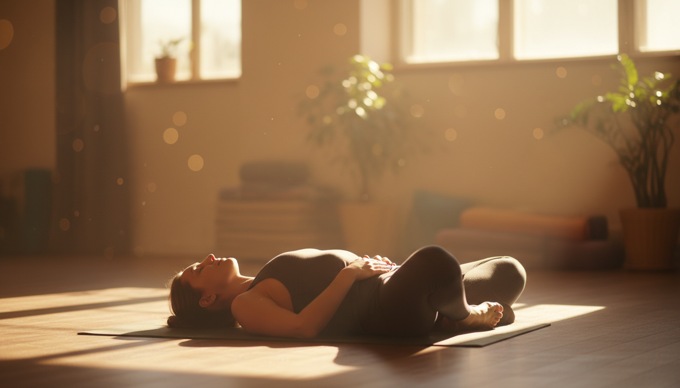 Una persona practicando la postura de 'mariposa' tumbada en el suelo, con las rodillas elevadas y los pies juntos, en un estudio de luz cálida, representando la posición inicial clásica para inducir el temblor en TRE.