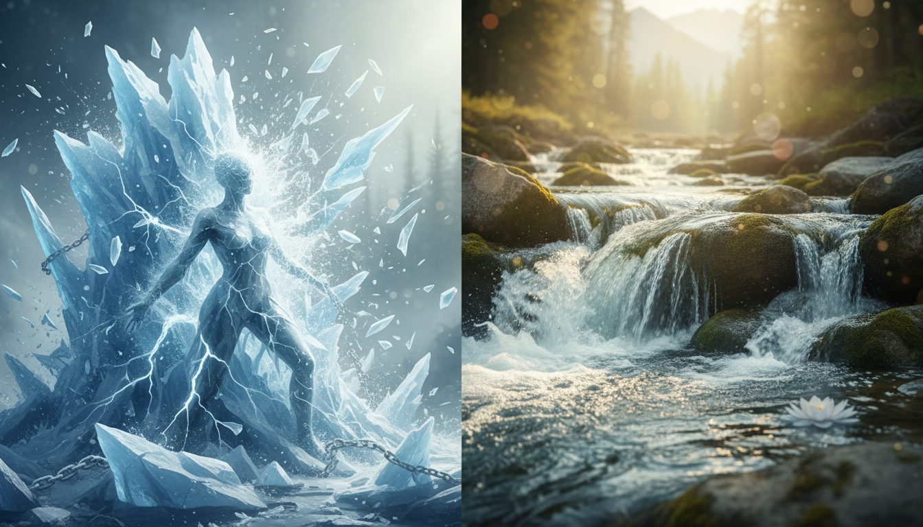 Composición visual dividida: a la izquierda, una estructura rígida de hielo rompiéndose; a la derecha, agua fluyendo libremente. Metáfora visual de la transición del estado de 'congelación' traumática a la fluidez emocional.