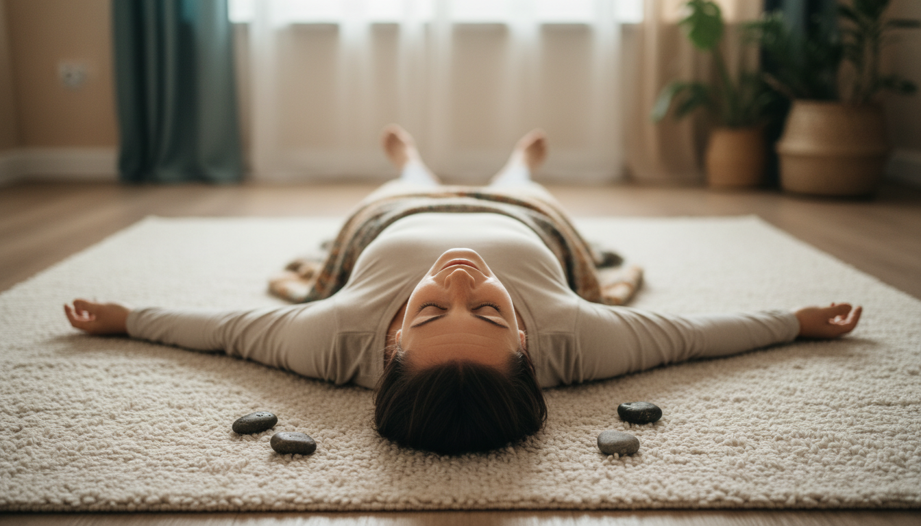 Fotografía cenital de una persona tumbada en posición de 'Savasana' (relajación final) sobre una alfombra de textura suave, con una expresión de paz absoluta y luz suave bañando su rostro.