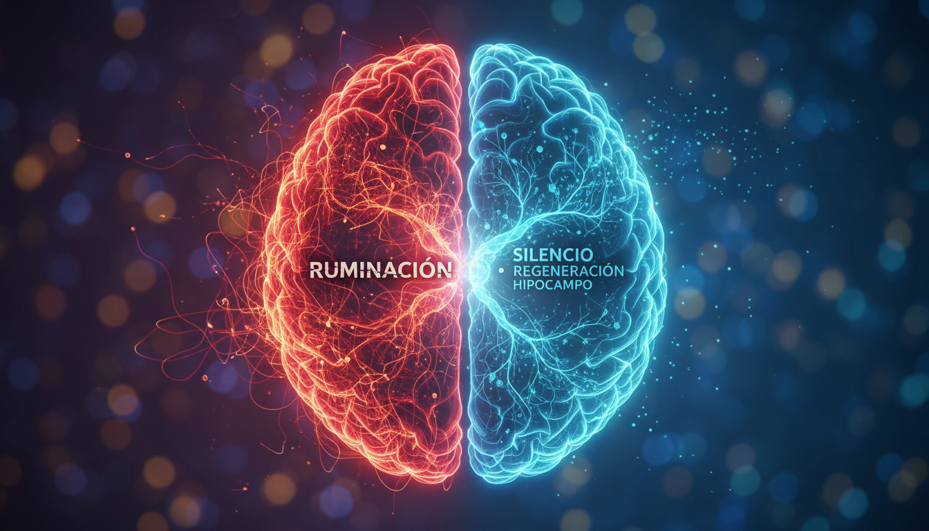 Un gráfico conceptual que muestra un cerebro humano. En un lado, representado en tonos rojos y caóticos, se ve la 