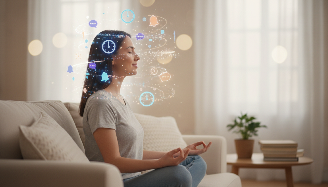 Una persona sentada en posición de meditación o relajada en un sofá, vista de perfil. Alrededor de su cabeza flotan iconos de notificaciones, relojes y ruido visual que se desvanecen antes de tocarla, simbolizando la barrera de paz creada por la práctica.