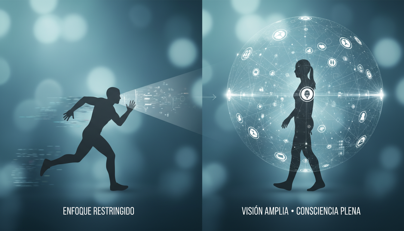 Gráfico comparativo visual. A la izquierda, una silueta humana corriendo con visión de túnel (cono de visión estrecho). A la derecha, una silueta caminando con un campo de visión de 360 grados y múltiples puntos de datos conectados.