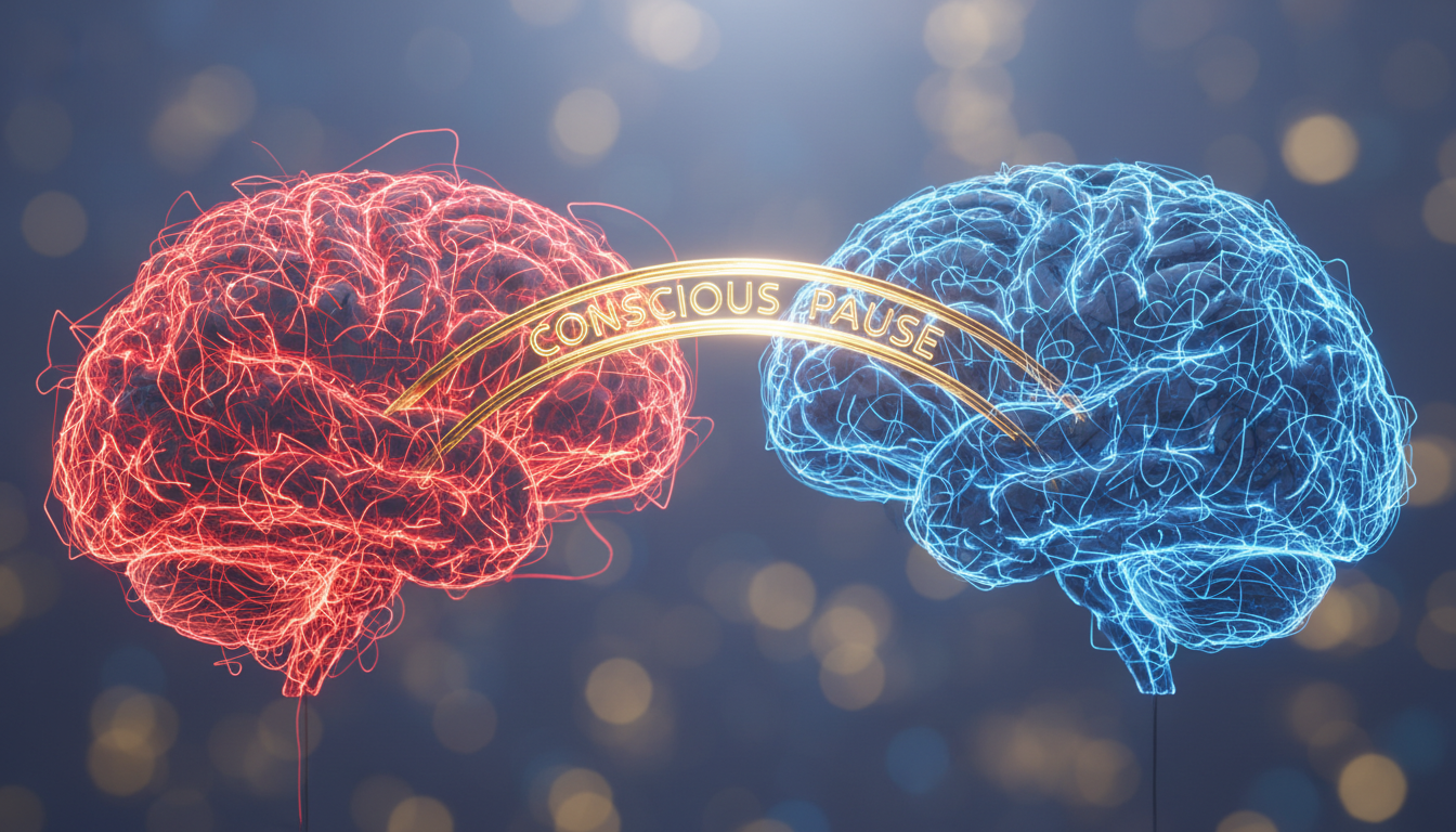 Representación abstracta del cerebro humano. Una mitad está encendida con luces rojas caóticas (estrés). La otra mitad muestra redes azules ordenadas y brillantes (enfoque), conectadas por un puente dorado que representa la