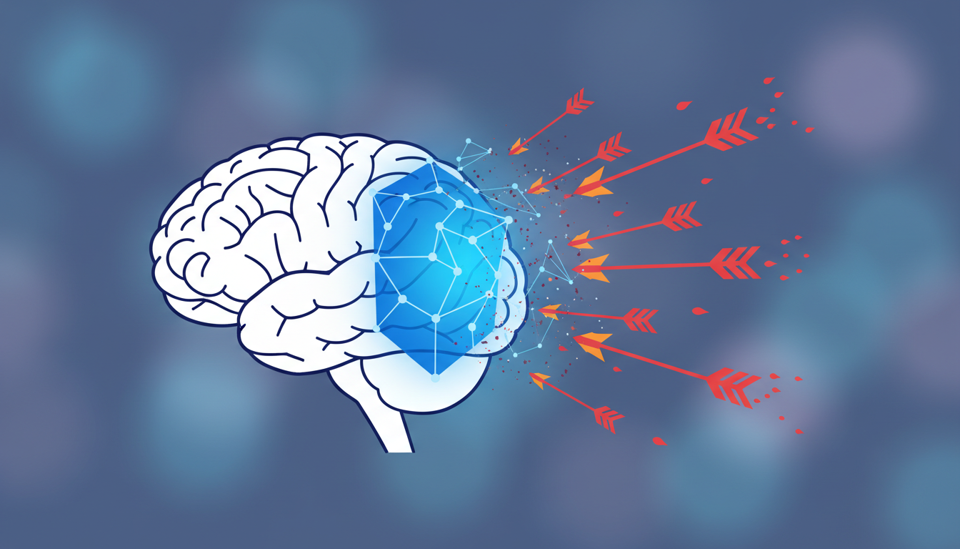Una ilustración minimalista de un cerebro humano donde la corteza prefrontal brilla con una luz azul intensa, formando un escudo geométrico que bloquea flechas rojas que intentan penetrar desde el exterior.