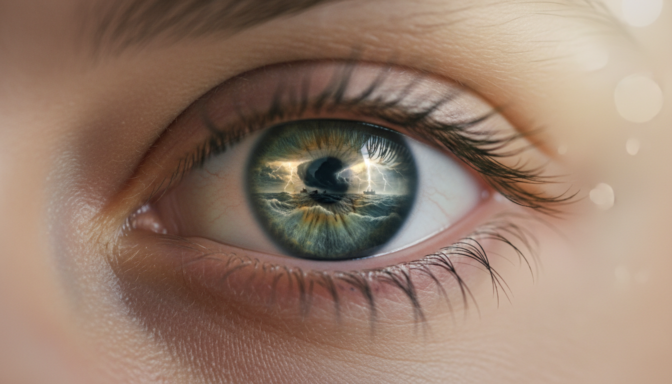Un primer plano de un ojo humano abierto y sereno. En el reflejo de la pupila se ve una tormenta caótica, pero el ojo permanece seco y enfocado, sin parpadear.