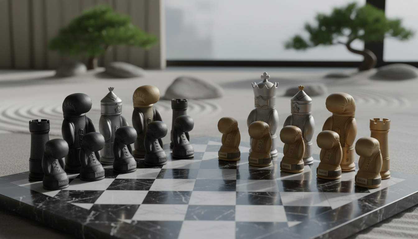 Un tablero de ajedrez donde las piezas son guantes de boxeo minimalistas, representando la estrategia mental sobre la fuerza bruta.