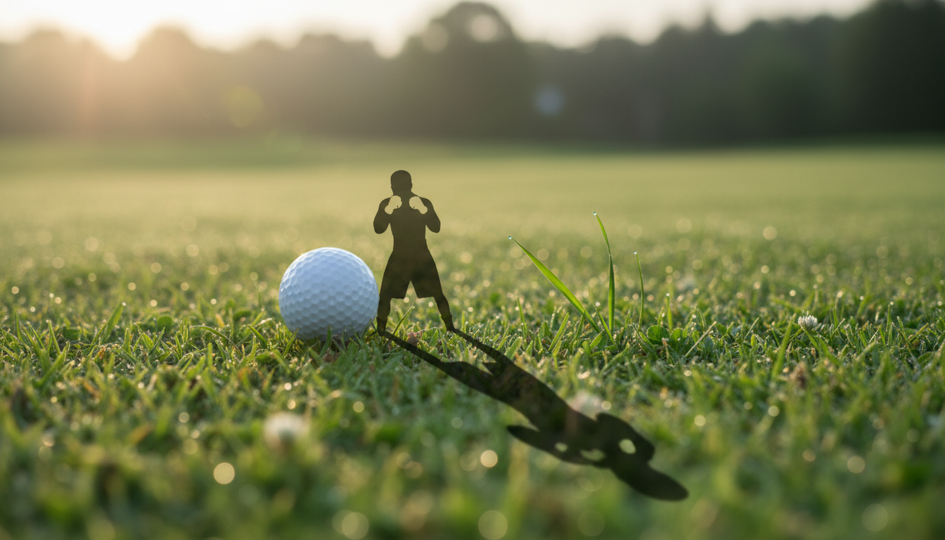 Una pelota de golf en el césped proyectando una sombra que tiene la forma de un boxeador en guardia, simbolizando la transferencia de habilidades.