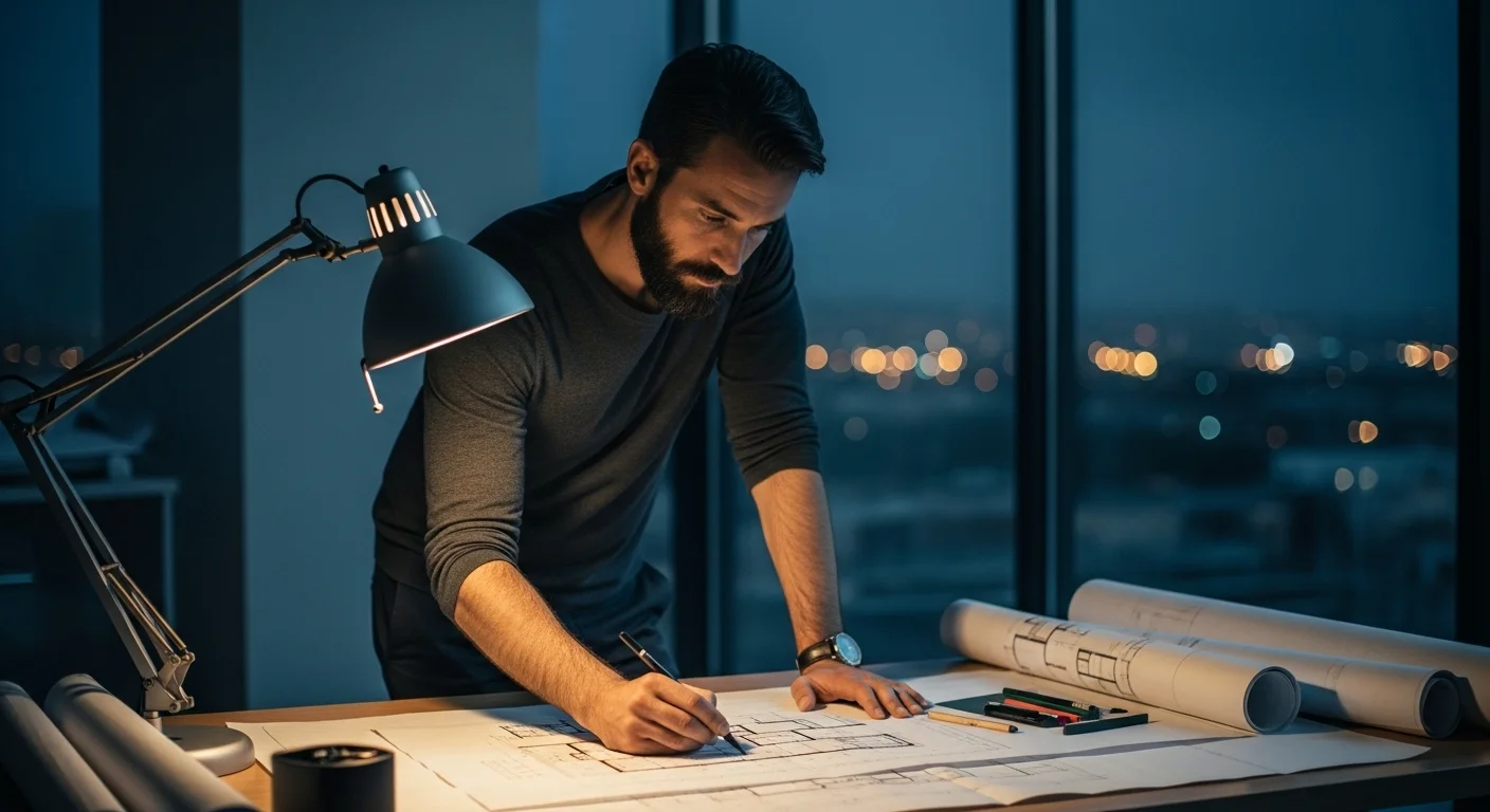 El Sujeto Maestro en un estudio de arquitectura minimalista, de noche. Está inclinado sobre una mesa de dibujo iluminada por una lámpara cálida, trazando líneas precisas sobre un plano azul complejo. La imagen transmite concentración absoluta y diseño intencional. Detrás de él, a través de un ventanal, se ve la ciudad en calma.