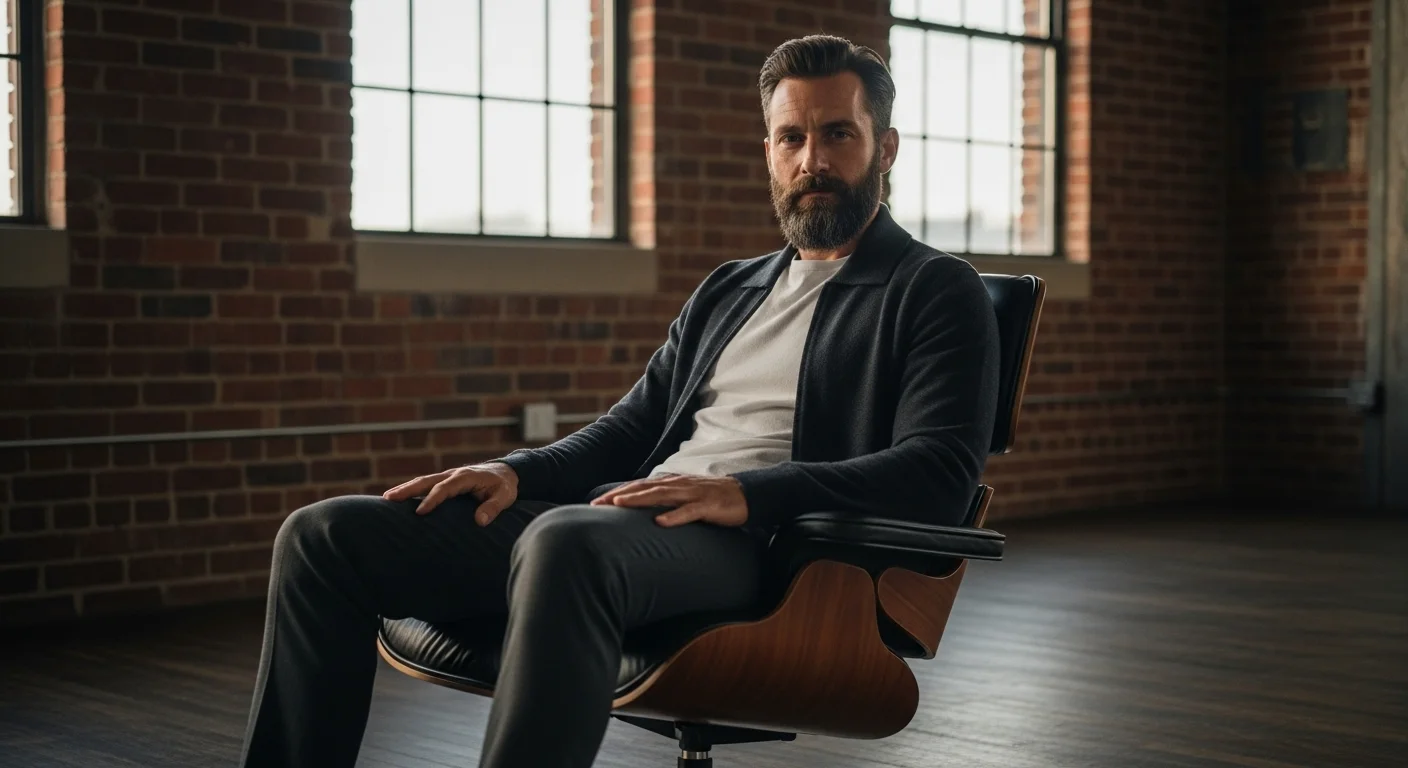 Plano medio del Sujeto Maestro sentado en un sillón de diseño Eames, en un loft industrial con paredes de ladrillo visto. La luz es natural, suave, de atardecer. Tiene una postura relajada pero digna, con las manos reposando suavemente sobre los muslos. No hay rigidez, solo presencia.