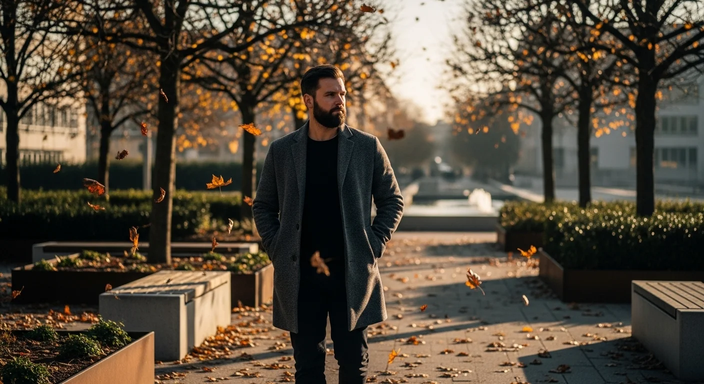 Plano general del Sujeto Maestro caminando por un parque urbano moderno en otoño. Lleva las manos en los bolsillos de su abrigo, mirando hacia el horizonte con una expresión de serenidad y determinación. Las hojas caen a su alrededor, pero él parece moverse con un propósito tranquilo, totalmente integrado con su entorno.