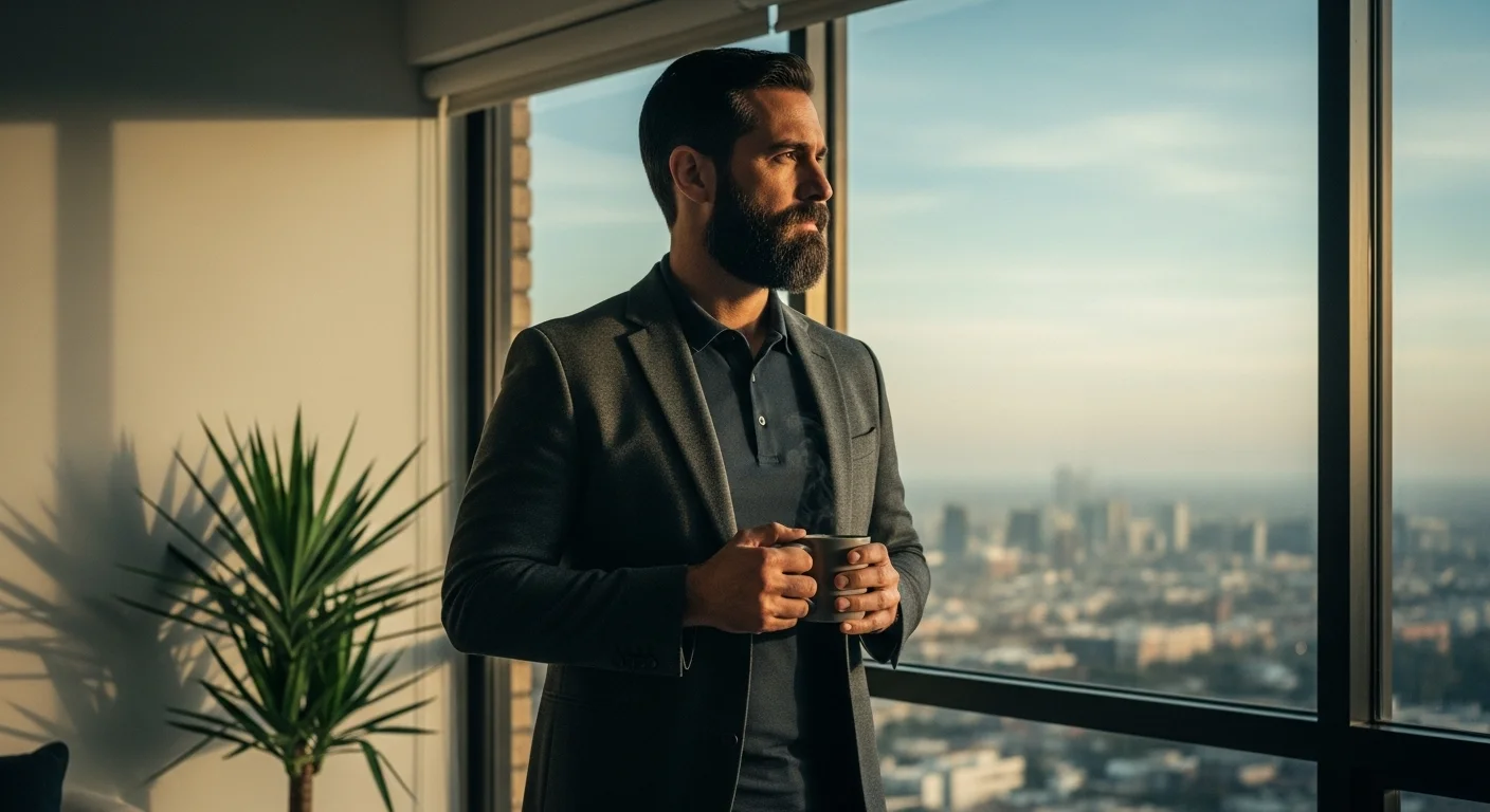 El Sujeto Maestro de pie, mirando a través de un gran ventanal hacia una ciudad al amanecer. Sostiene una taza de té con ambas manos, en una postura relajada pero perfectamente alineada. Transmite una sensación de poder contenido y serenidad absoluta.