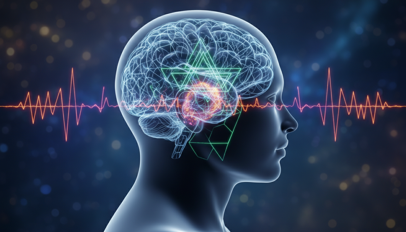 Digital art showing a human brain where the neurons are glowing like electrified guitar strings. Jagged, complex sound waves are entering the ears and transforming into a structured, rhythmic geometric pattern inside the mind, representing the 'Wall of Sound'.