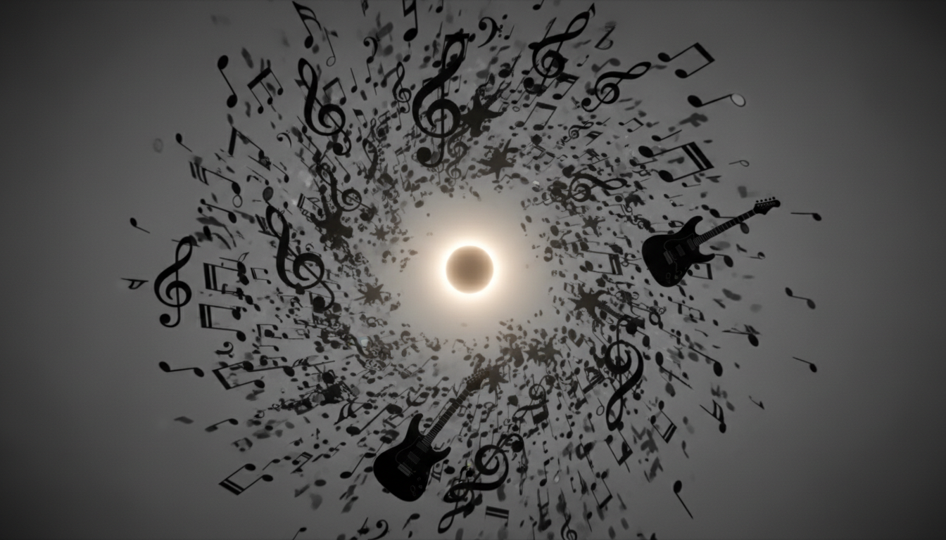 A high-contrast conceptual image of a massive storm or hurricane composed of musical symbols and distorted guitar silhouettes. In the very center, there is a small, perfectly still and luminous void representing the 'eye of the hurricane' and inner silence.