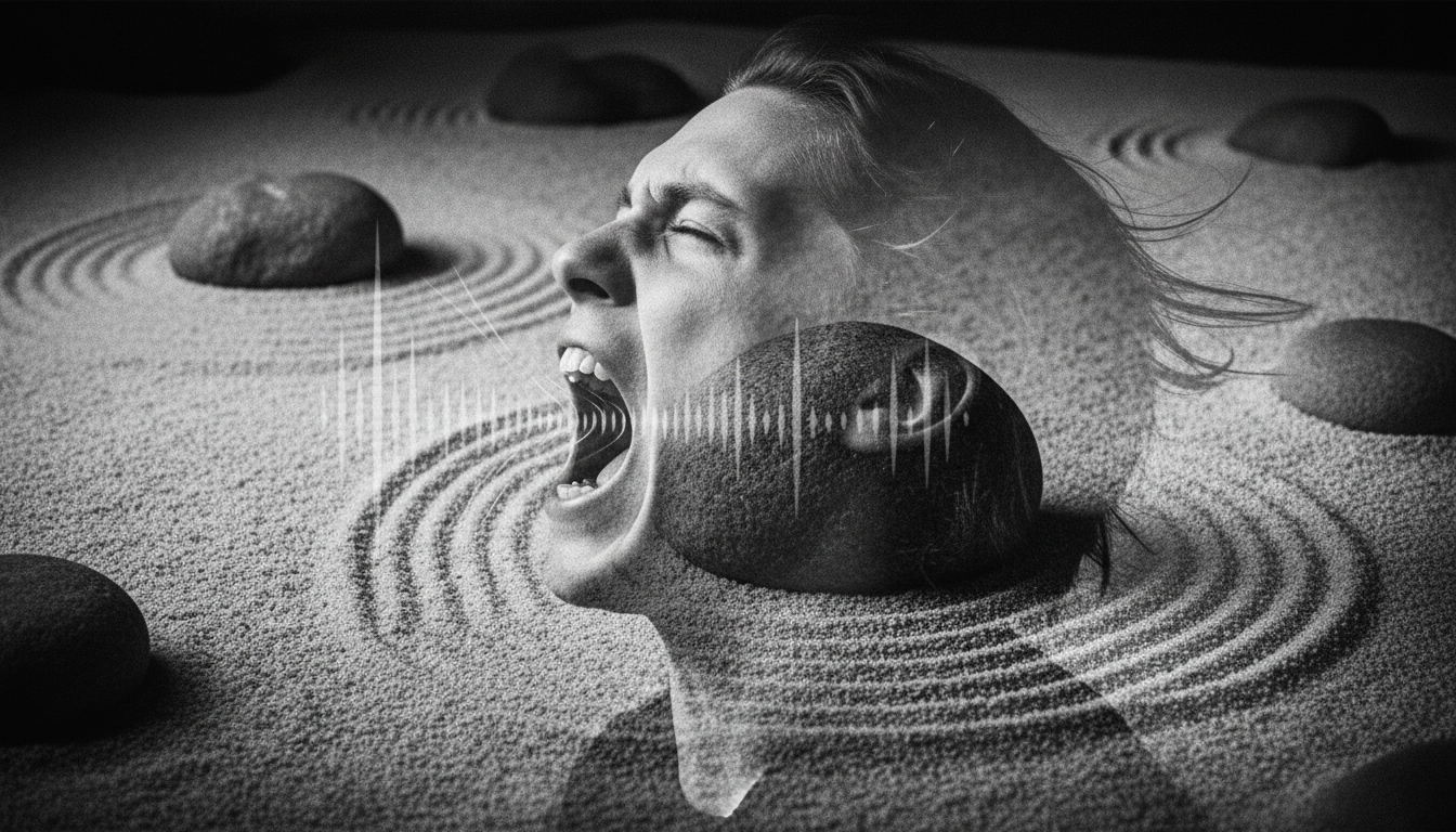 A double exposure image of a person screaming with cathartic release, blended with a calm Zen rock garden where the raked sand patterns turn into sound wave frequencies, high contrast black and white.