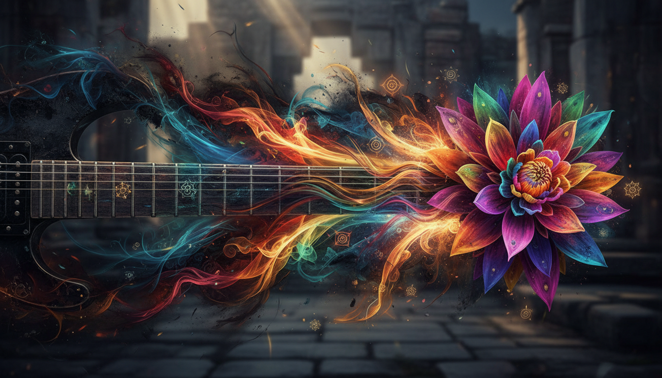 A symbolic illustration of a heavy metal guitar neck transforming into a blooming lotus flower, vibrant colors clashing with dark textures, representing spiritual growth through intense sound.