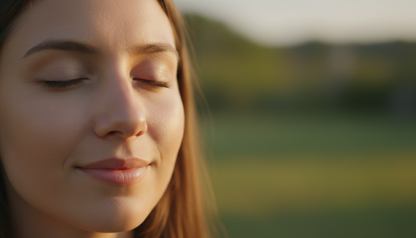 Extreme close-up of a person's face in a state of absolute serenity, eyes closed, peaceful expression, soft morning light, shallow depth of field, high resolution photography.