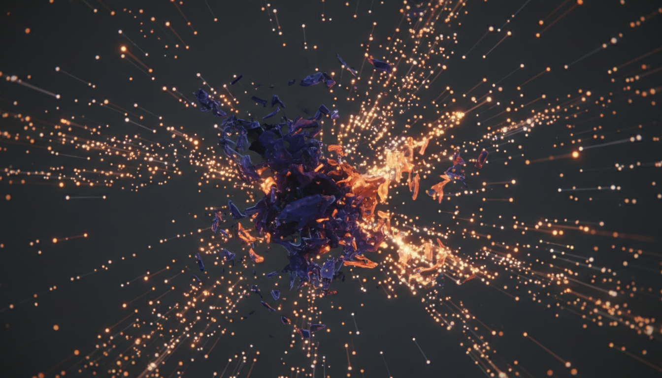 Abstract digital art of dark emotional energy shattering and dissolving into bright, healing light particles, deep indigo and orange color palette, symbolic representation of internal catharsis.