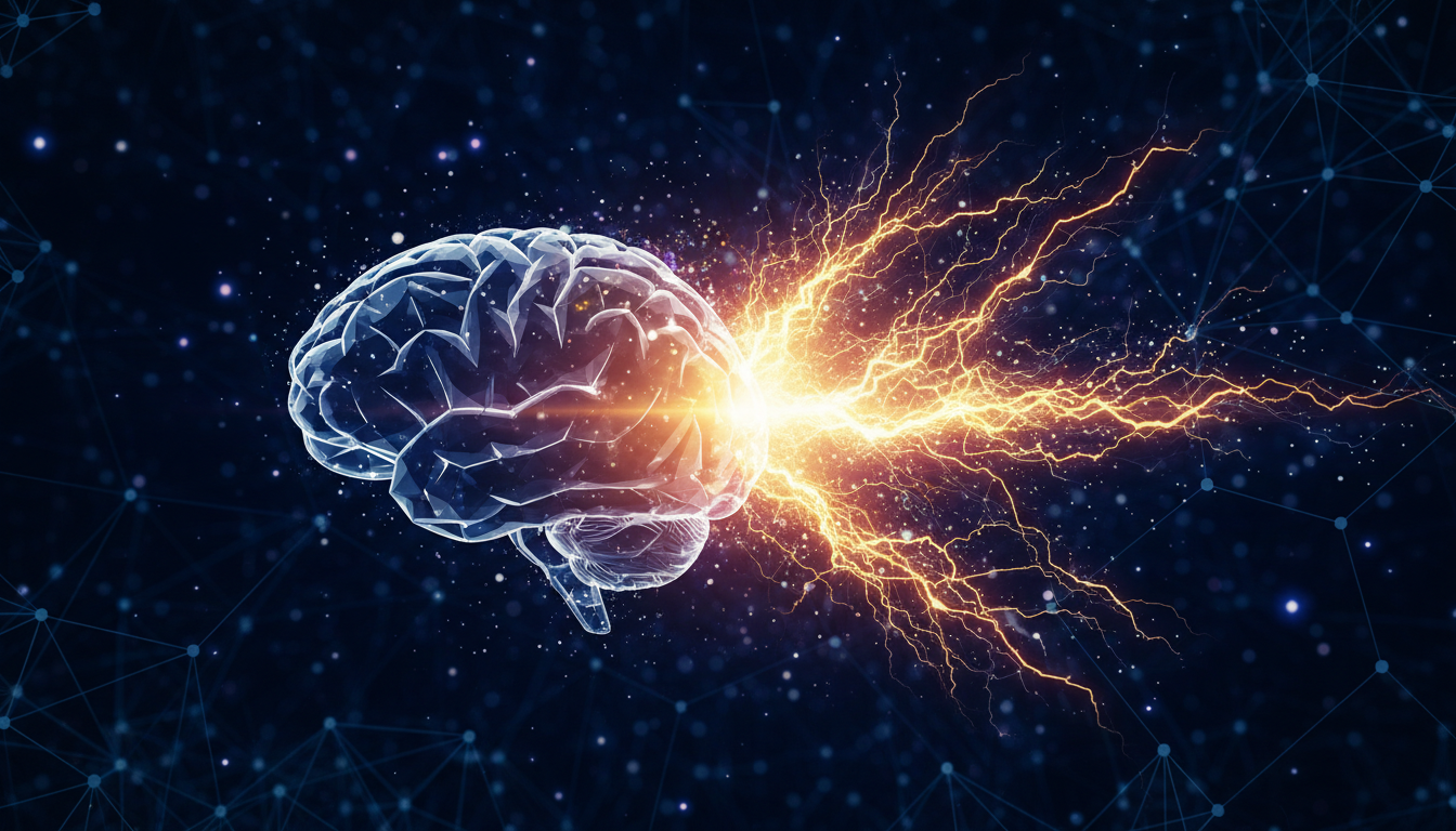 Digital art illustration of a human brain silhouette with a sudden burst of bright yellow electrical energy representing a sensory shock, dark professional background, high tech aesthetic