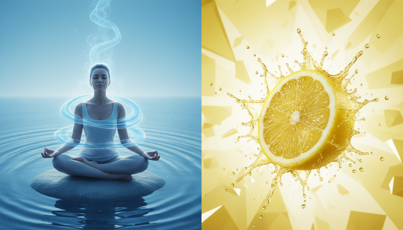 Splitscreen visual: one side shows a person in deep meditation with blue calming waves, the other side shows a vibrant lemon slice in mid-air with sharp yellow splashes, symbolic contrast