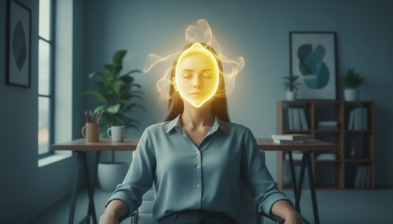 A person with closed eyes in a peaceful office setting, a semi-transparent ethereal glowing lemon floating in front of their forehead, conceptual visualization art, soft lighting