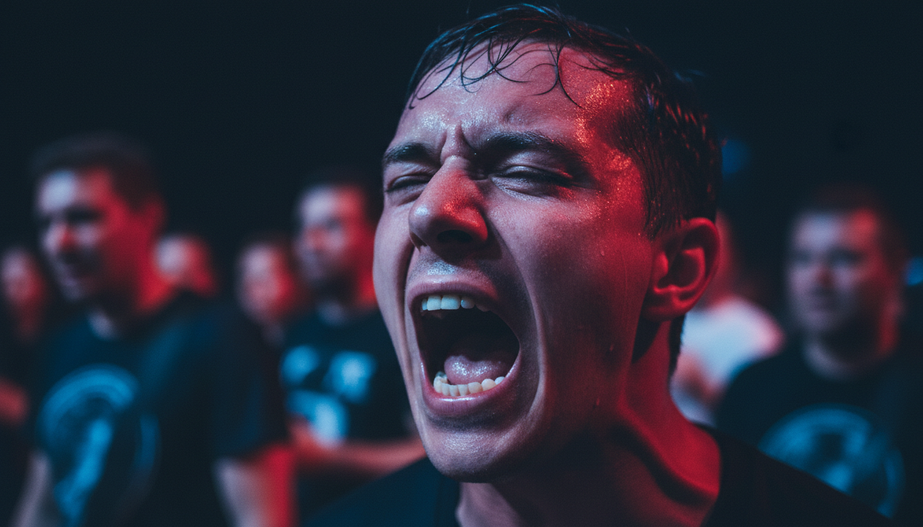 Close-up of a person screaming with intense emotion at a concert, visible sweat and dramatic lighting, symbolizing the release of the vocal cords and vagal stimulation.