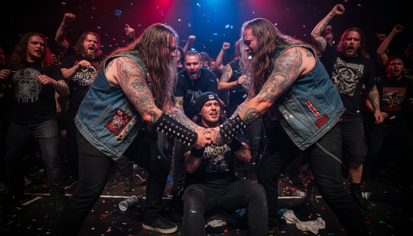 A powerful image of two metal fans helping another person up from the floor during a concert, showing the contrast between the aggressive environment and the tribal sense of safety and care.