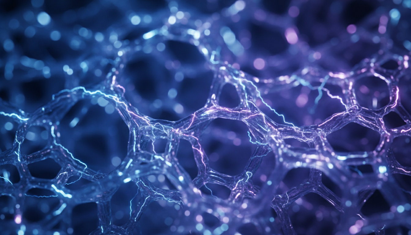 Macro visualization of human connective tissue (fascia) as a crystalline, bioluminescent web, tiny electric pulses traveling through the fibers, vibrant blue and deep purple hues, scientific but artistic look, shallow depth of field, high contrast.