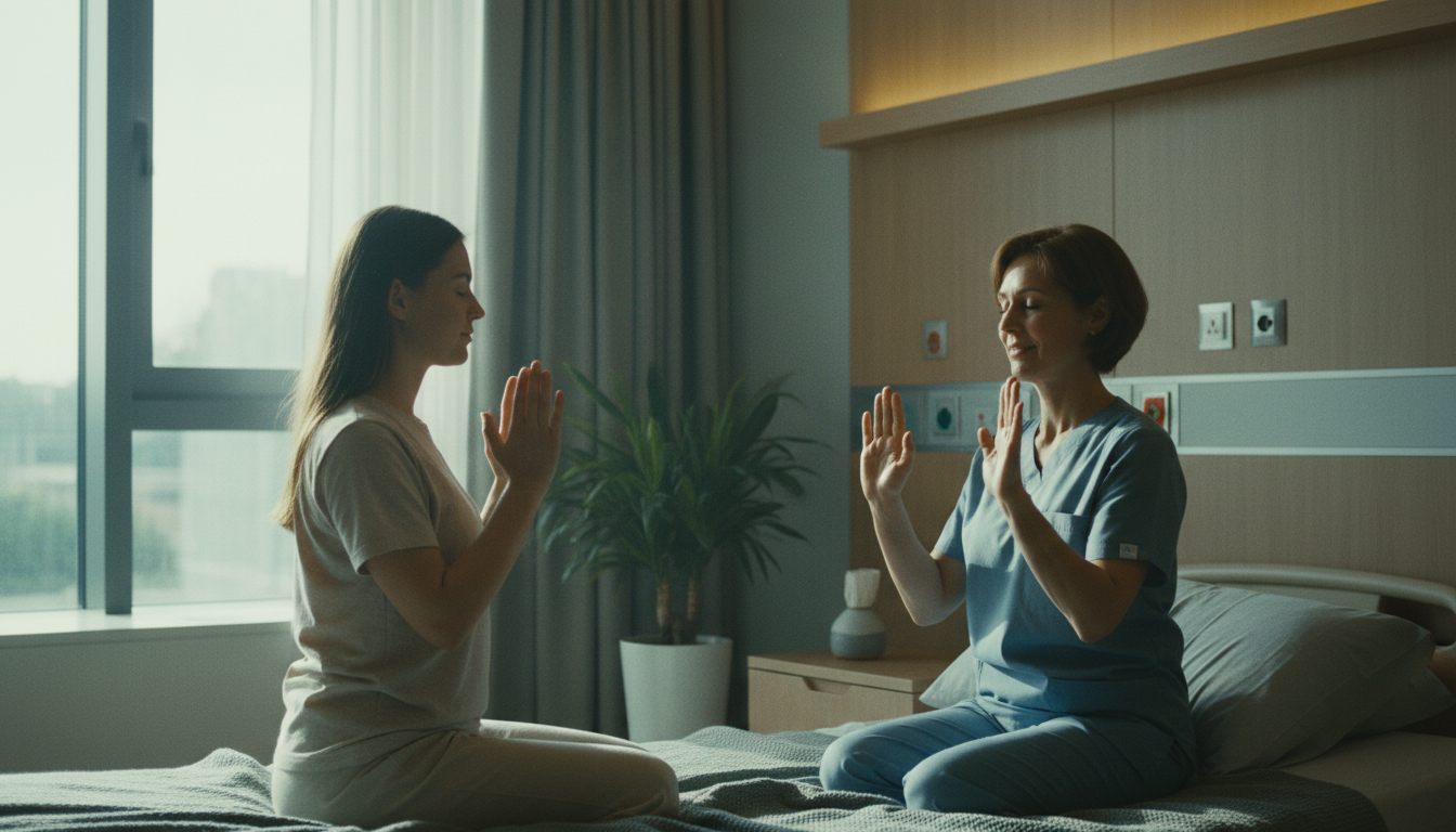 Warm and hopeful scene in a modern hospital room, a patient and a specialist practicing synchronized deep breathing and hand movements, soft sunlight through a window, calm and healing atmosphere, 35mm film style, natural colors.
