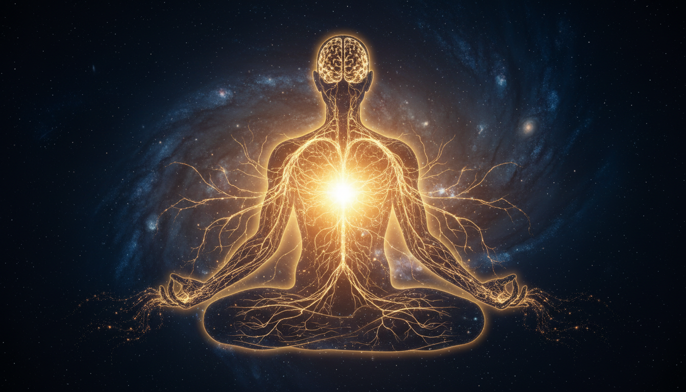 Abstract representation of 'Yi' (Intention), a glowing core of golden light within a human silhouette, radiating energy through the nervous system, neural pathways lighting up like stars, dark background, ethereal and powerful.