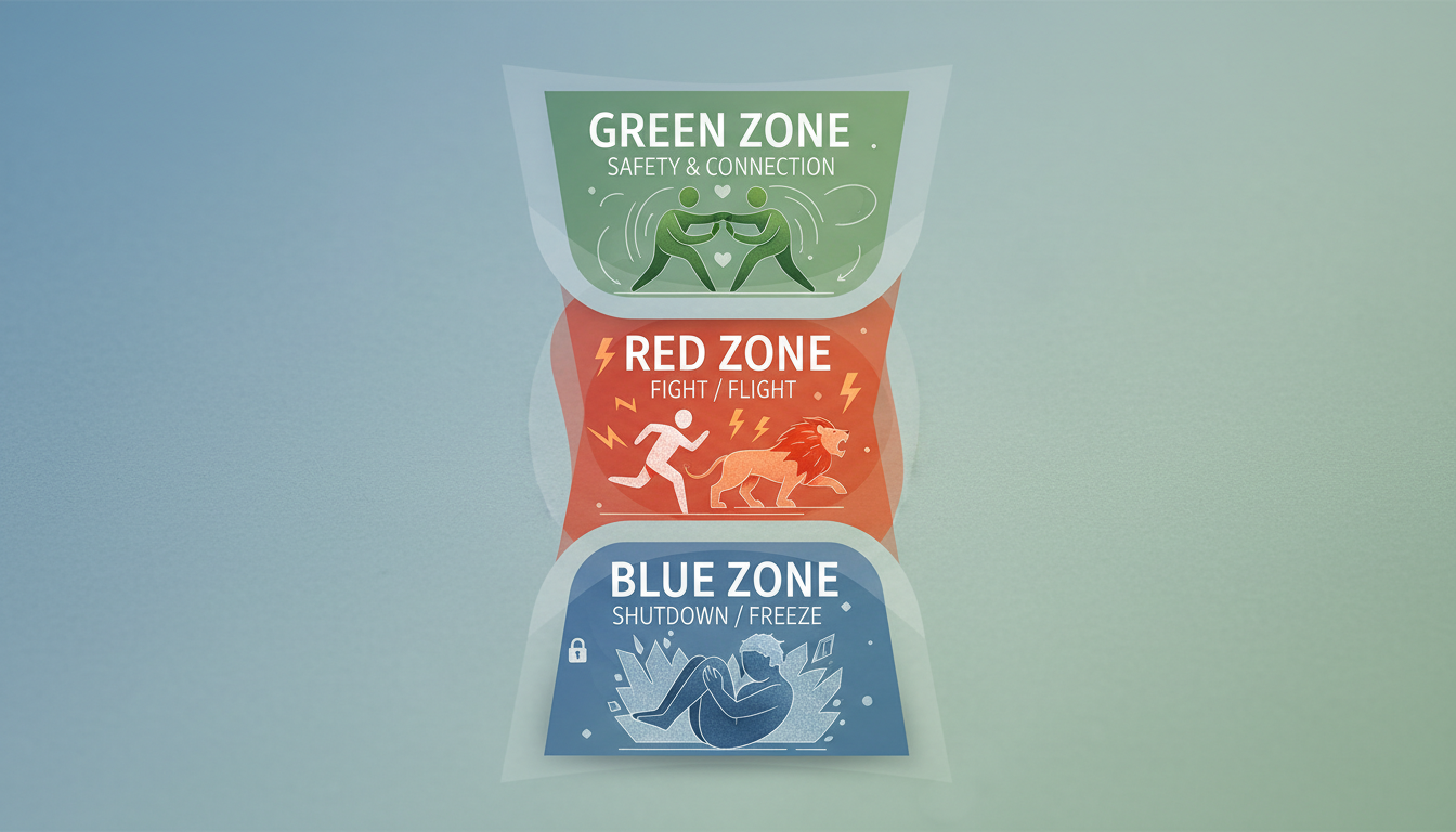 An infographic-style medical illustration showing the three states of the Polyvagal Theory: a green zone for safety and connection, a red zone for fight/flight, and a blue zone for shutdown/freeze, clean and modern design.