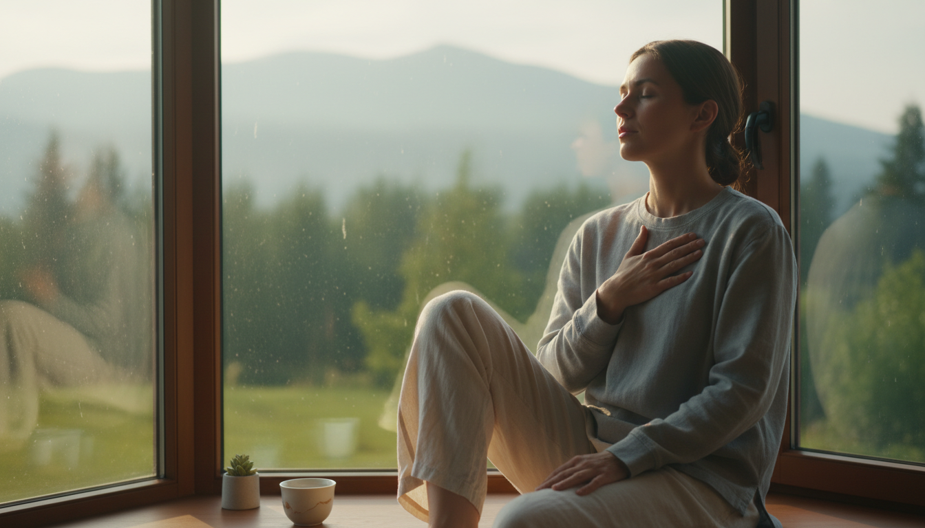 A person in a state of self-reflection, sitting by a window with soft morning light, hand placed gently on their chest, looking calm and mindful, high-quality lifestyle photography.