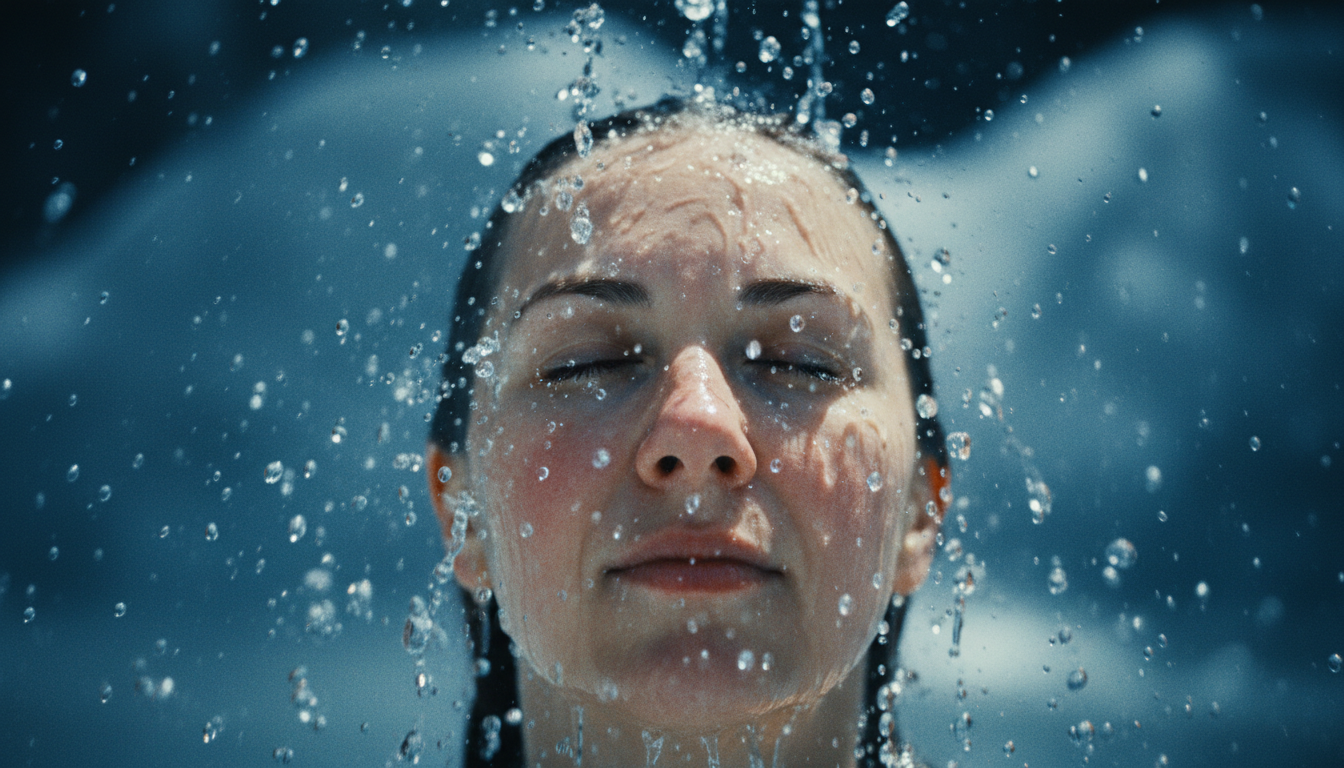 A close-up shot of crystal clear water being splashed onto a face, with frozen motion droplets, symbolizing the cold stimulation technique for vagus nerve activation, refreshing and high-contrast aesthetic.