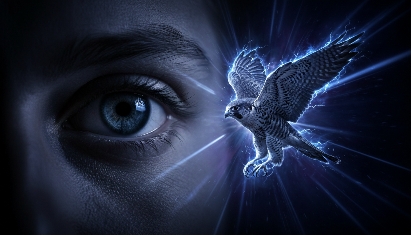 Conceptual double exposure photography: a sharp human eye overlaid with a hunting falcon in mid-dive. Dark aesthetic, deep shadows, electric blue accents. Symbolizing the shift from passive observer to active hunter of clarity.