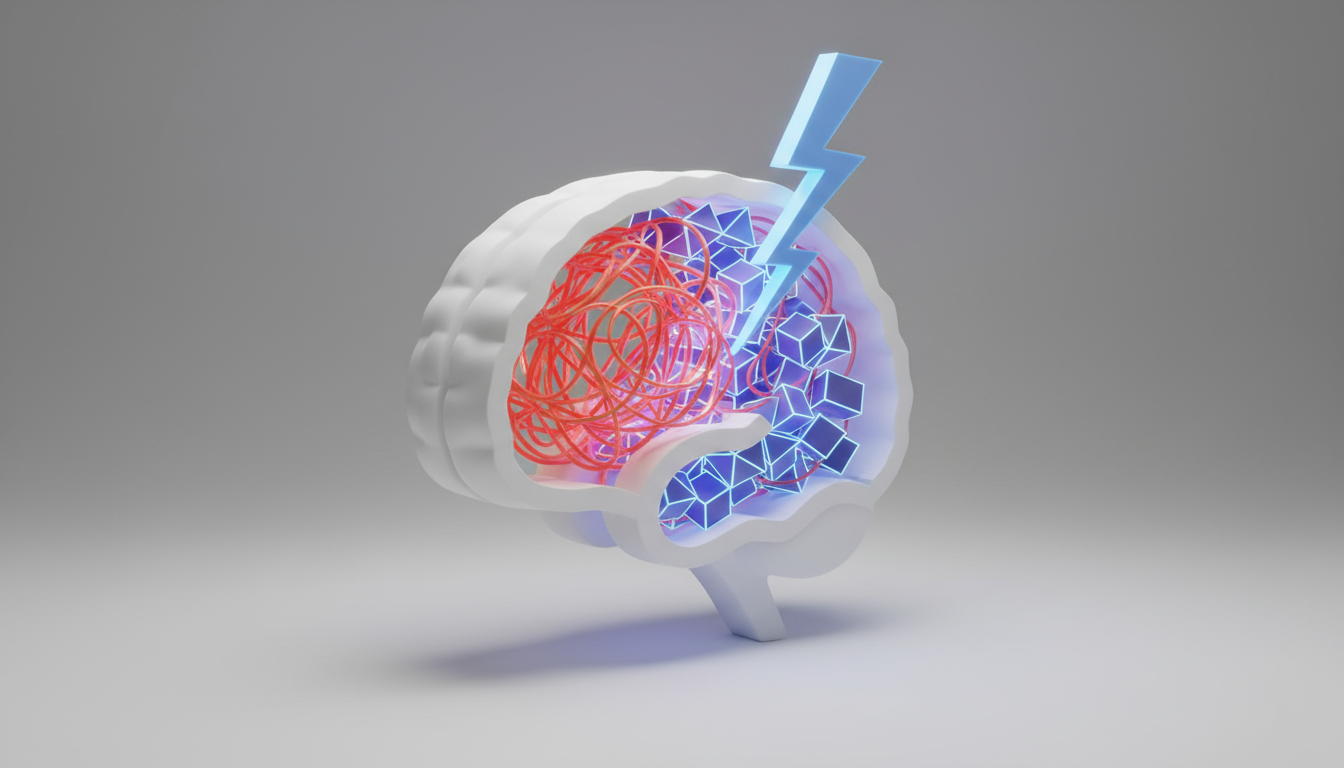 Minimalist 3D isometric icon of a brain being struck by a bolt of lightning, transforming internal chaos into ordered geometric structures. Clean composition, professional studio lighting, monochromatic background.