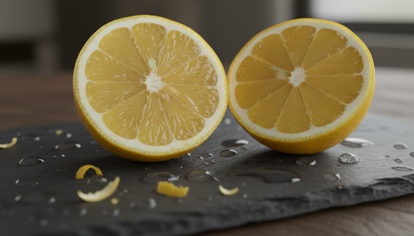 Bodegón hiperrealista de un limón amarillo intenso partido a la mitad sobre una superficie de piedra oscura. Gotas de jugo cítrico y cáscara de limón en primer plano con desenfoque de fondo. Iluminación profesional de producto, sensación de frescura y acidez.