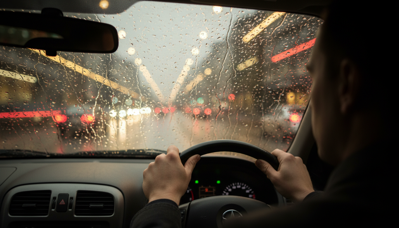 Vista desde el interior de un coche a través de un parabrisas con gotas de lluvia. En el centro, las manos de un conductor apretando el volante con firmeza. La iluminación proviene de los faros de la calle, creando un ambiente melancólico y cinematográfico de introspección.