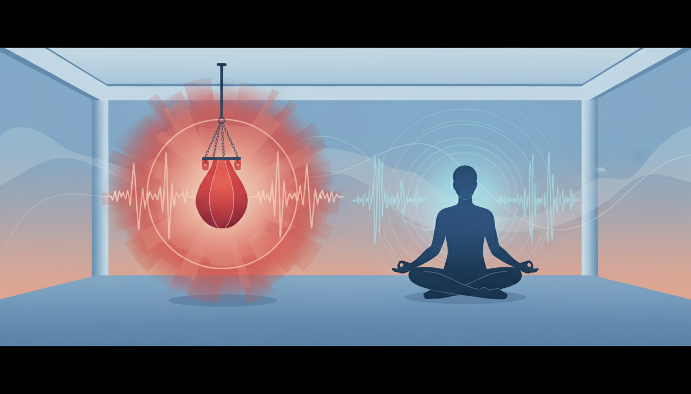 Ilustración conceptual de un estudio de psicología. Un saco de boxeo rojo rodeado de un aura de calor y vibraciones de tensión, contrastado con una silueta humana sentada en meditación que emite una luz azul fría y estable. Estilo minimalista digital, 4k.