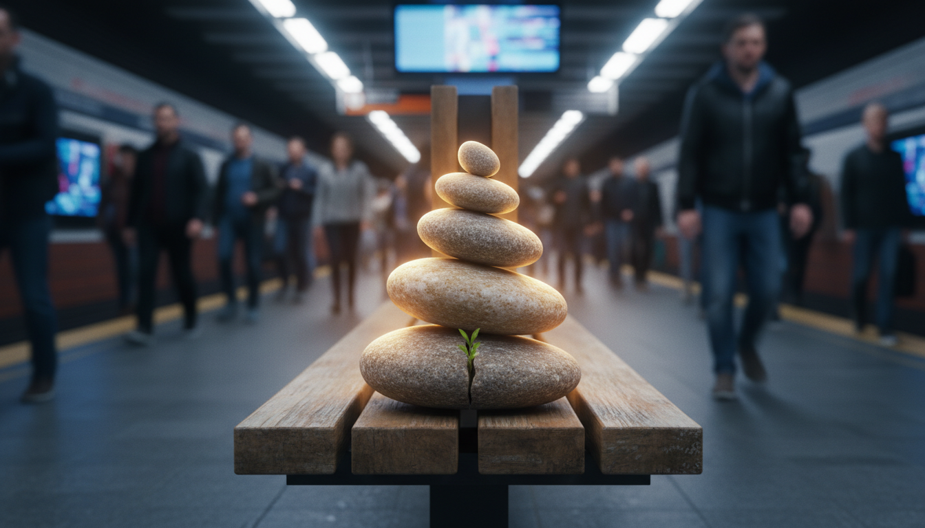Surreal photography of a Zen stone stack (cairn) placed on a busy subway station bench, commuters blurred in the background, soft lighting on the stones, atmosphere of internal stillness.