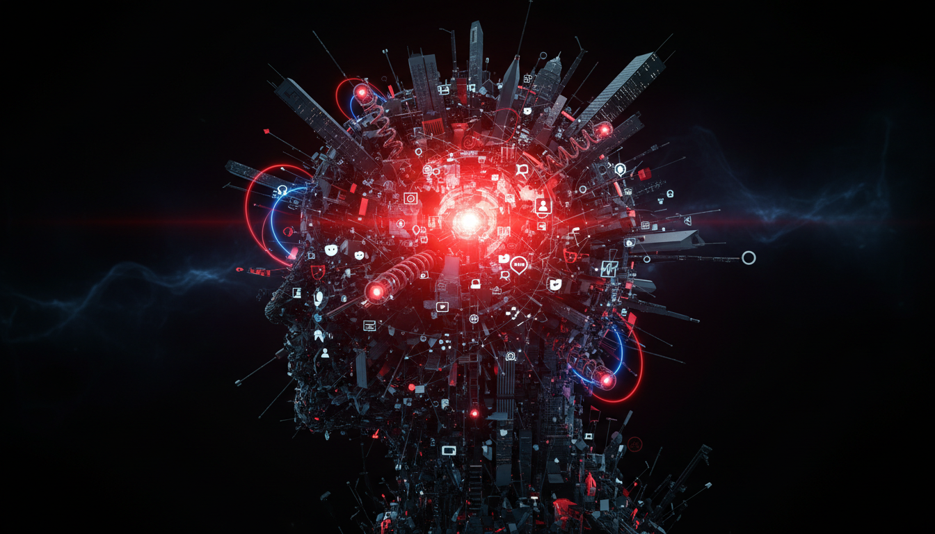 Conceptual digital art of a human head silhouette filled with chaotic urban elements like sirens, skyscrapers, and digital icons, with a glowing red stress center in the brain area, dark background.