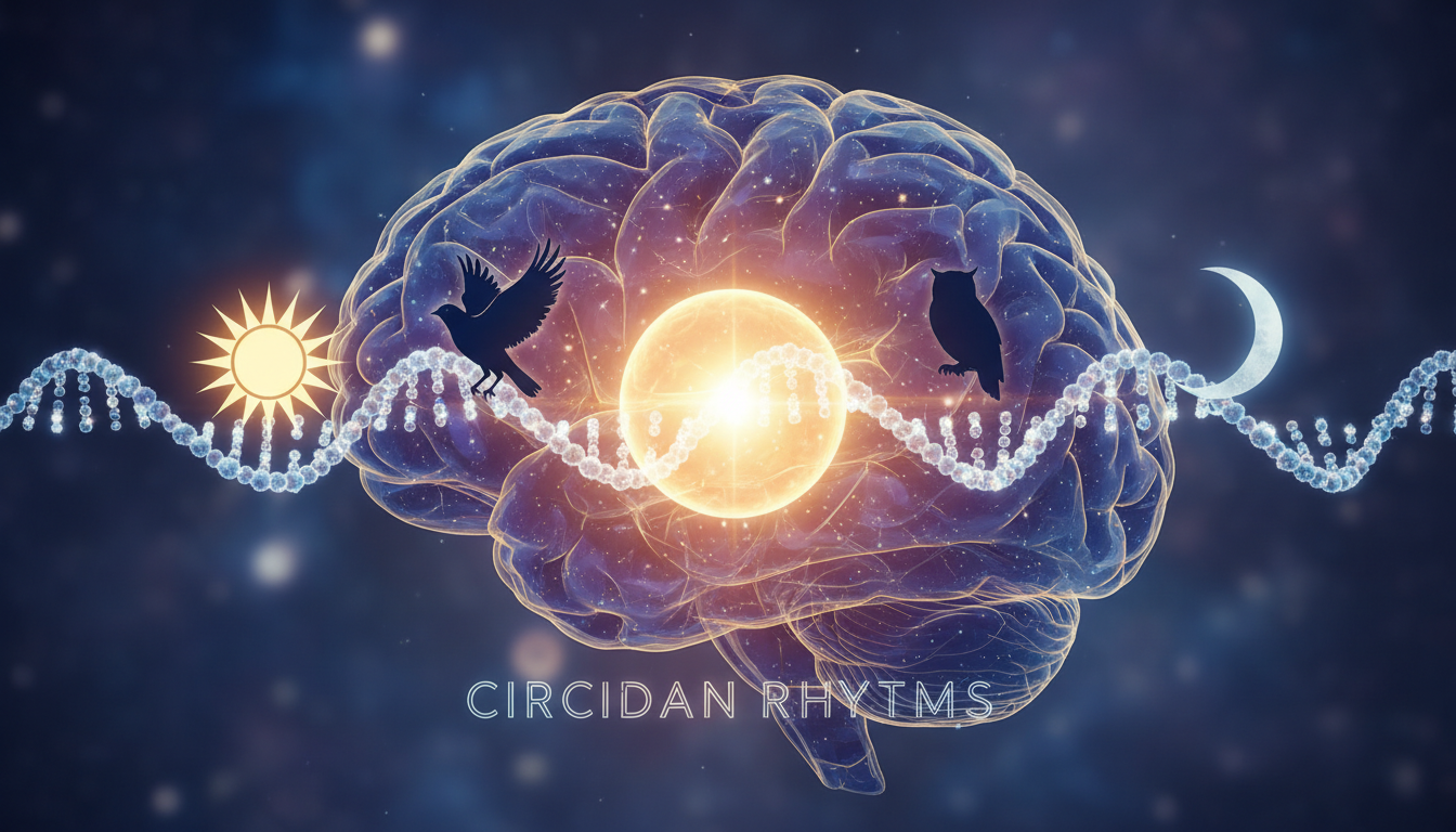 Vibrant medical illustration of a human brain with a glowing internal biological clock. Strands of DNA weave around the clock, with two distinct silhouettes: a lark bird rising with a sun and an owl perched on a moon, representing circadian rhythms.