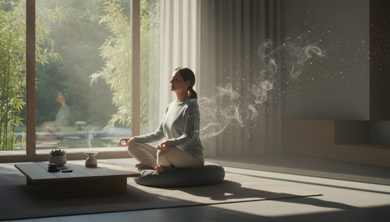 A modern, peaceful office-home transition scene. A professional person sitting on a meditation cushion in a sunlit room at midday. Stress 'static' or grey mist is visually dissolving away from their shoulders, turning into clear, bright light.